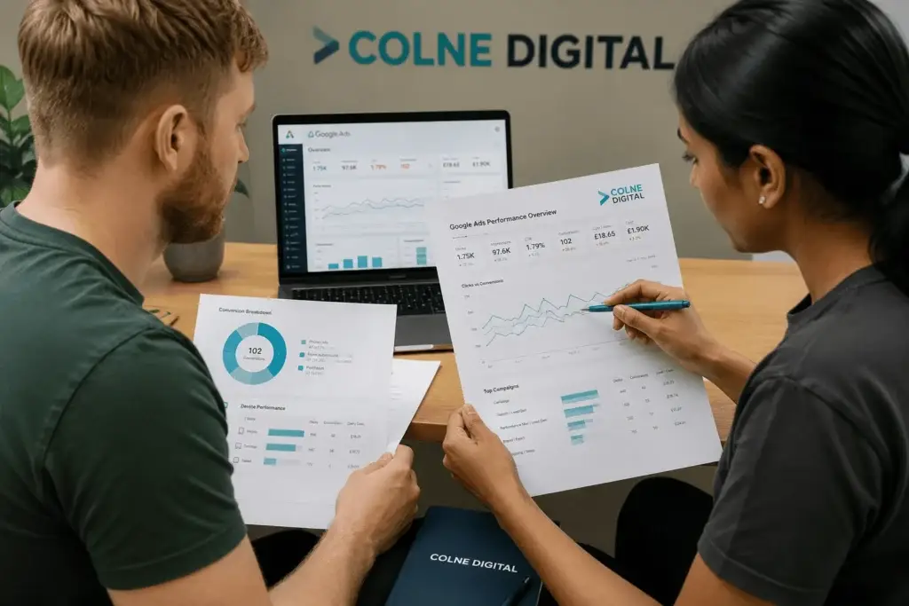Colne Digital Google Ads specialists reviewing campaign performance reports and analysing Google Ads data to improve conversions and maximise return on investment.