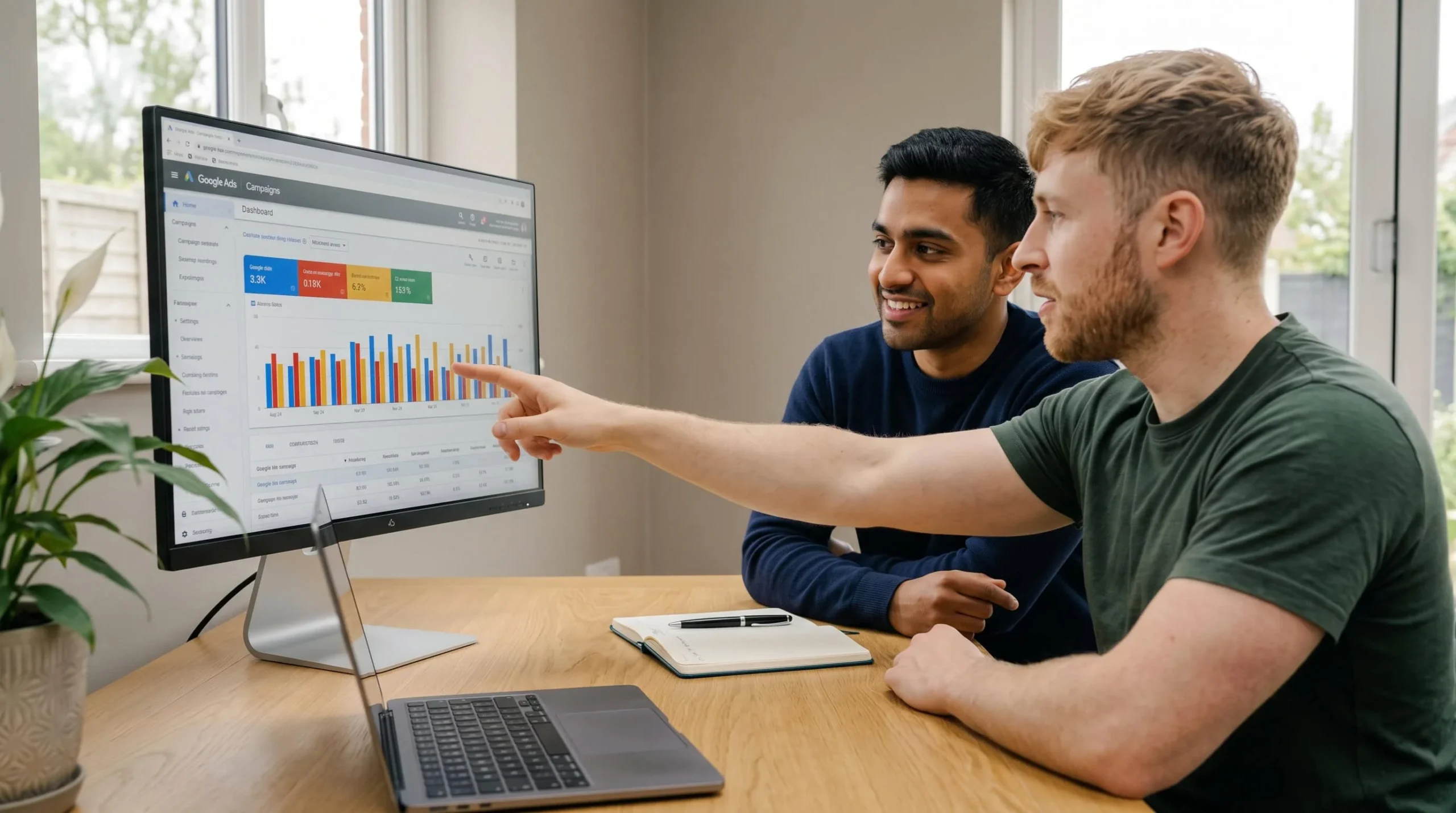 Google Ads specialists at Colne Digital reviewing campaign performance and discussing optimisation strategies to improve results for a client.