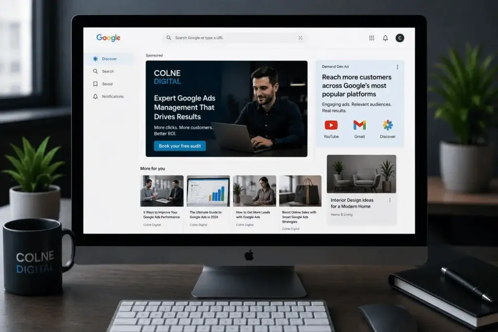 Google Demand Gen Ads campaign displayed on an iMac, showcasing visual advertisements across Google Discover, Gmail and YouTube managed by Colne Digital.