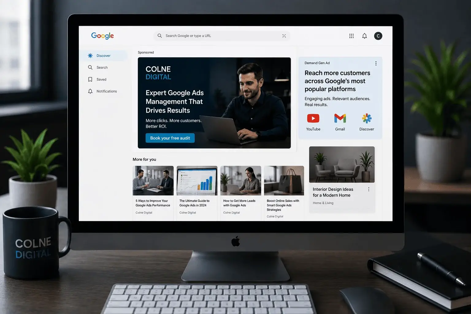 Google Demand Gen Ads campaign displayed on an iMac, showcasing visual advertisements across Google Discover, Gmail and YouTube managed by Colne Digital.