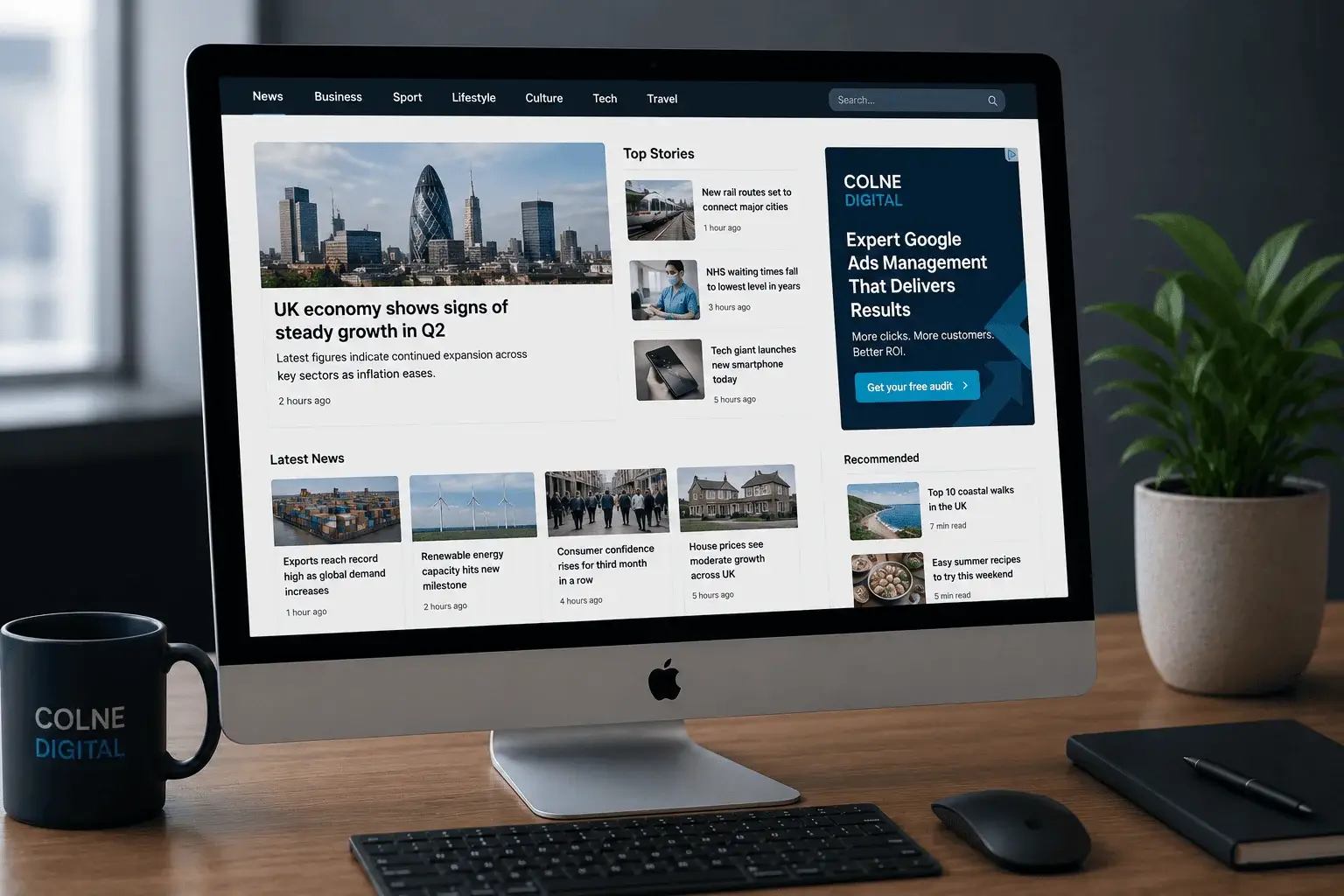 Google Display Ads campaign displayed on an iMac, featuring a banner advertisement managed by Colne Digital to increase brand awareness and reach new audiences.