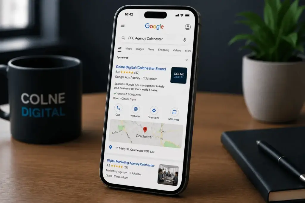 Google Local Ads search results for PPC Agency Colchester displayed on an iPhone, featuring Colne Digital's local business profile and sponsored listing.
