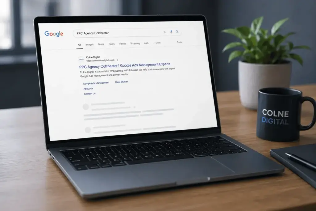Google Search Ads results for PPC Agency Colchester displayed on an macbook, highlighting Colne Digital's specialist Google Ads Management service.