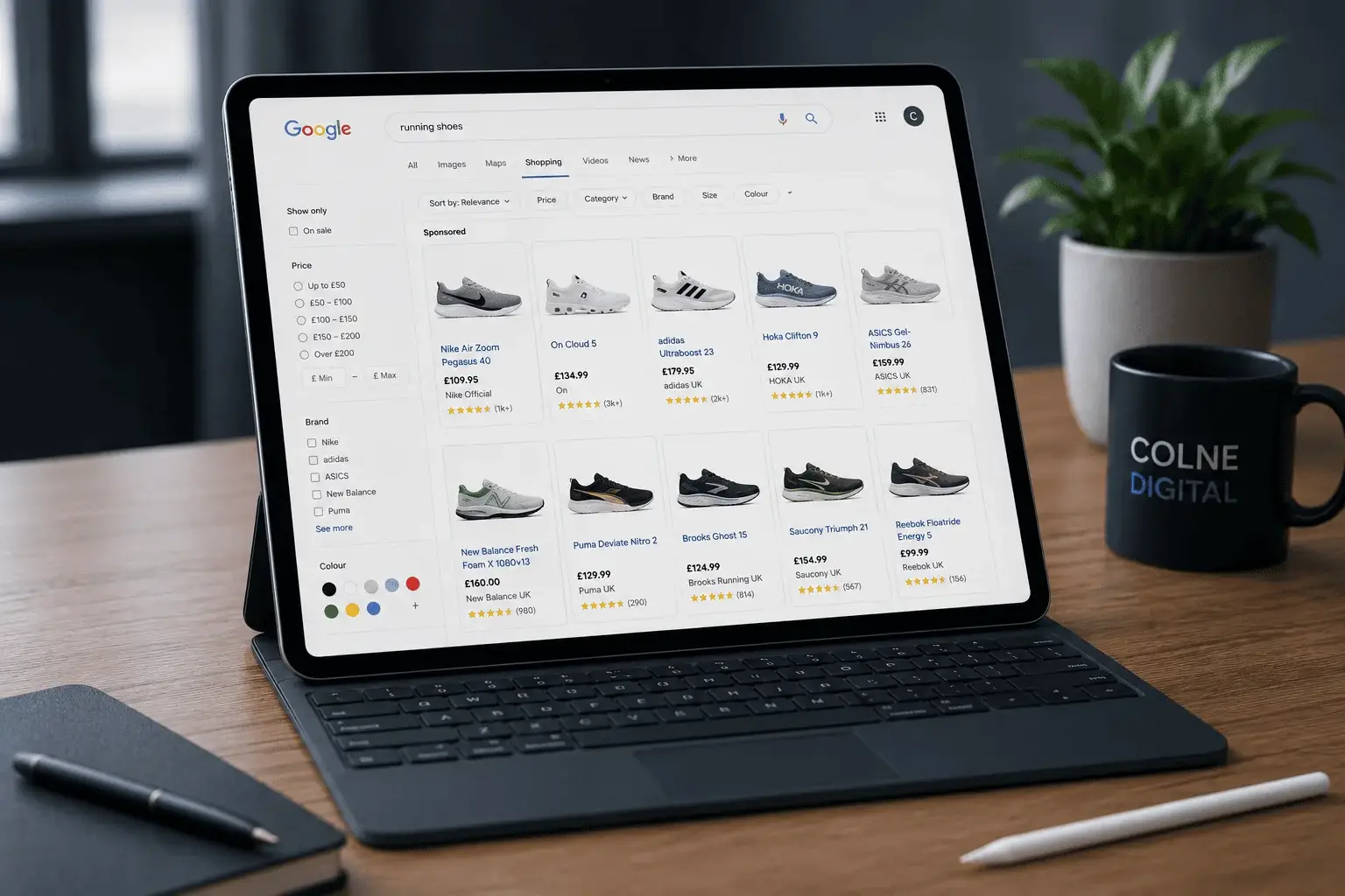 Google Shopping Ads displayed on an iPad, showcasing product listings managed by Colne Digital to help e-commerce businesses increase online sales.