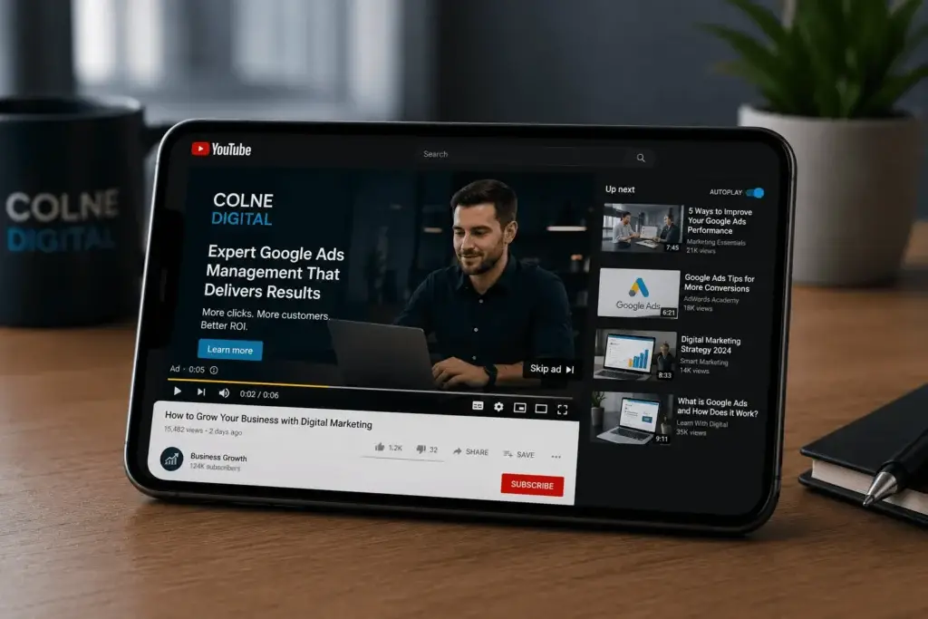 Google Video Ads campaign displayed on a tablet, showing a YouTube advertisement managed by Colne Digital to increase brand awareness and customer engagement.