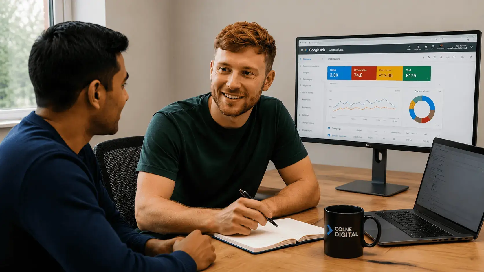 Google Ads specialists at Colne Digital reviewing campaign performance and discussing optimisation strategies to improve results for a client.