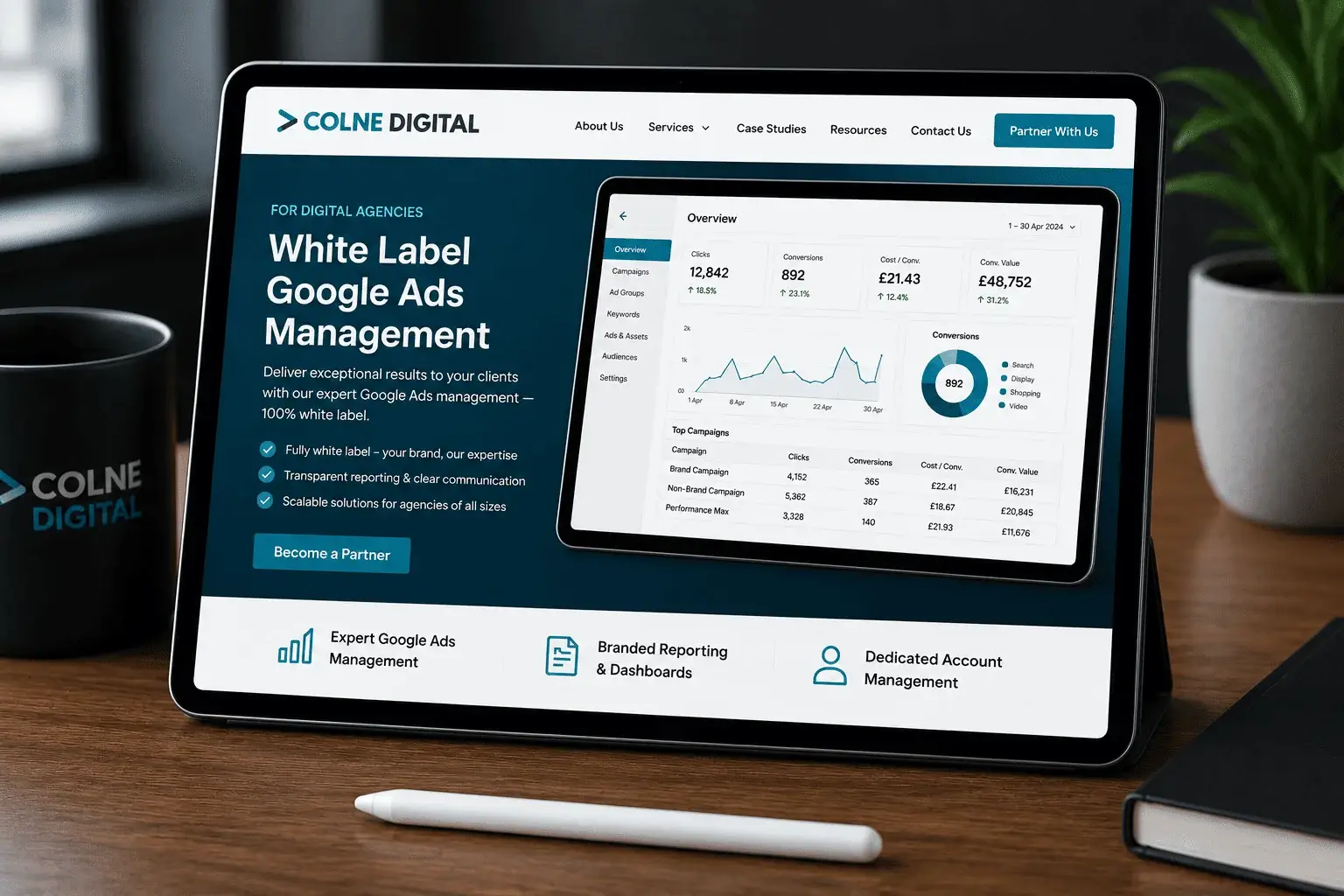 White Label Google Ads Management dashboard displayed on a tablet, representing outsourced Google Ads services for digital marketing agencies by Colne Digital.